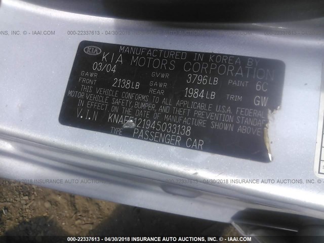 KNAFE121945033138 - 2004 KIA NEW SPECTRA LX/EX SILVER photo 9