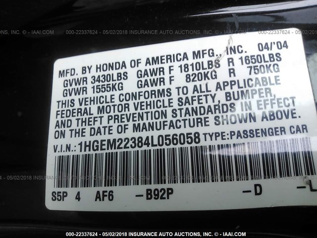 1HGEM22384L056058 - 2004 HONDA CIVIC DX VP BLACK photo 9