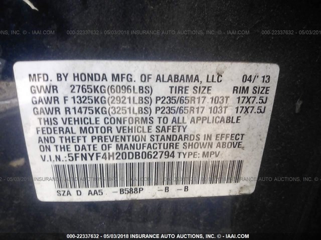 5FNYF4H20DB062794 - 2013 HONDA PILOT LX Dark Blue photo 9