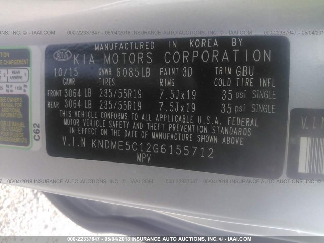 KNDME5C12G6155712 - 2016 KIA SEDONA SXL SILVER photo 9