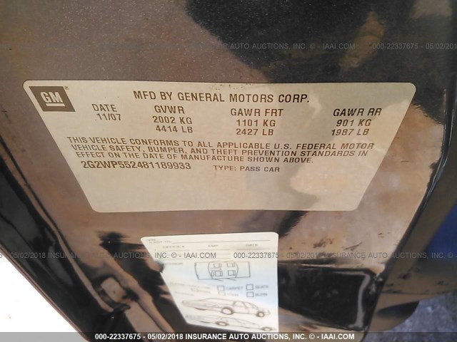 2G2WP552481189933 - 2008 PONTIAC GRAND PRIX GRAY photo 9
