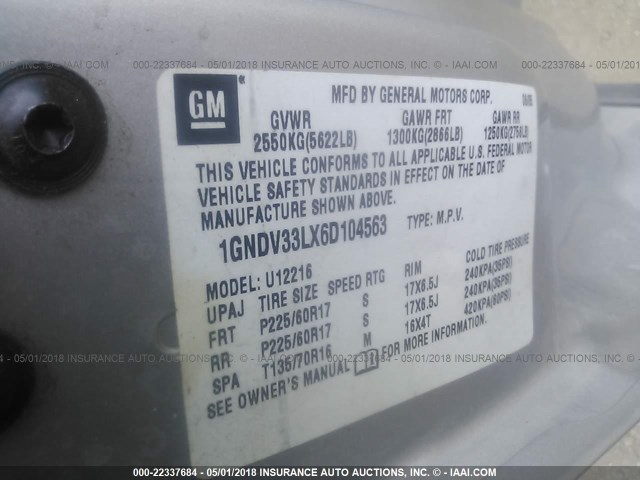 1GNDV33LX6D104563 - 2006 CHEVROLET UPLANDER LT SILVER photo 8