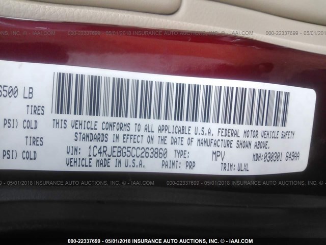 1C4RJEBG5CC263860 - 2012 JEEP GRAND CHEROKEE LIMITED RED photo 9