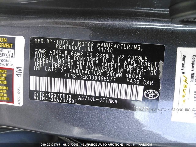 4T1BF3EK3BU196977 - 2011 TOYOTA CAMRY SE/LE/XLE Сұр фото 9