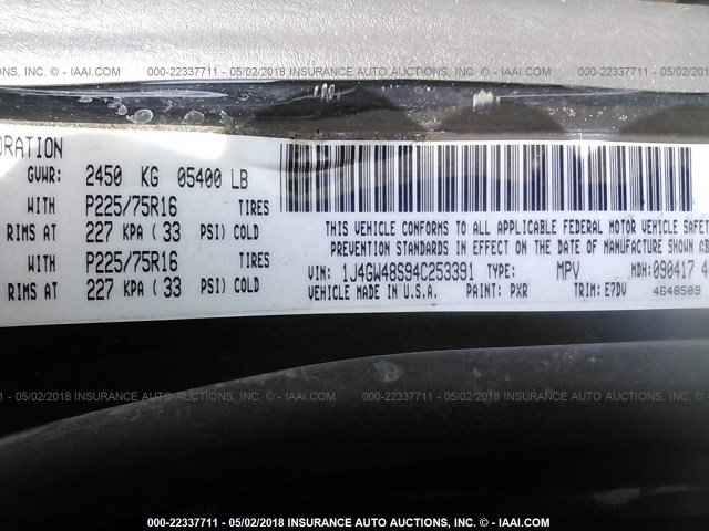 1J4GW48S94C253391 - 2004 JEEP GRAND CHEROKEE LAREDO/COLUMBIA/FREEDOM 黑色 照片 9