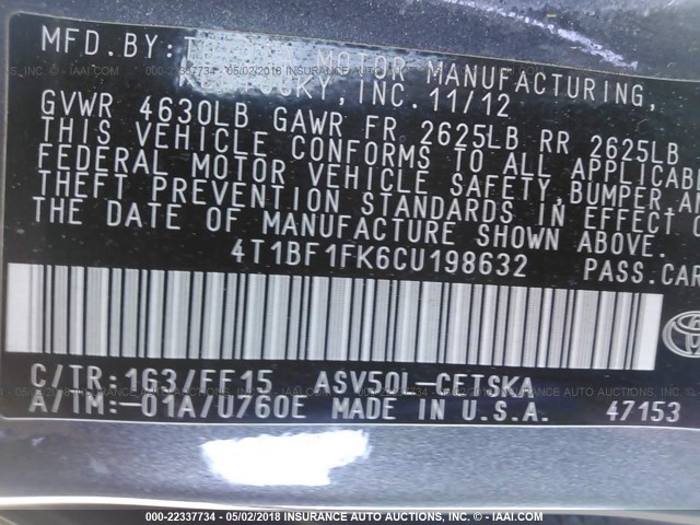 4T1BF1FK6CU198632 - 2012 TOYOTA CAMRY SE/LE/XLE ნაცრისფერი ფოტო 9