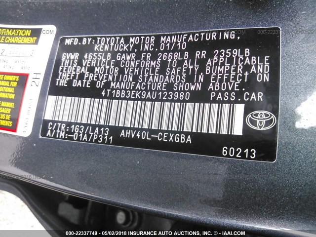 4T1BB3EK9AU123980 - 2010 TOYOTA CAMRY HYBRID GRAY photo 9