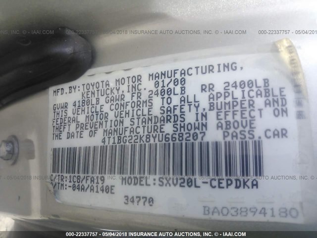 4T1BG22K8YU668207 - 2000 TOYOTA CAMRY CE/LE/XLE 银色 照片 9