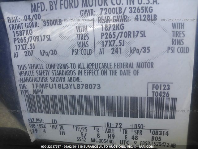 1FMFU18L3YLB78073 - 2000 FORD EXPEDITION EDDIE BAUER BLUE photo 9