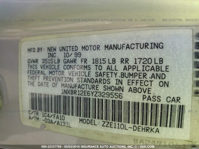 1NXBR12E6YZ329556 - 2000 TOYOTA COROLLA VE/CE/LE 银色 照片 9