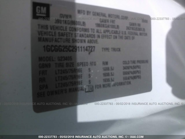 1GCGG25C291114727 - 2009 CHEVROLET EXPRESS G2500  WHITE photo 9