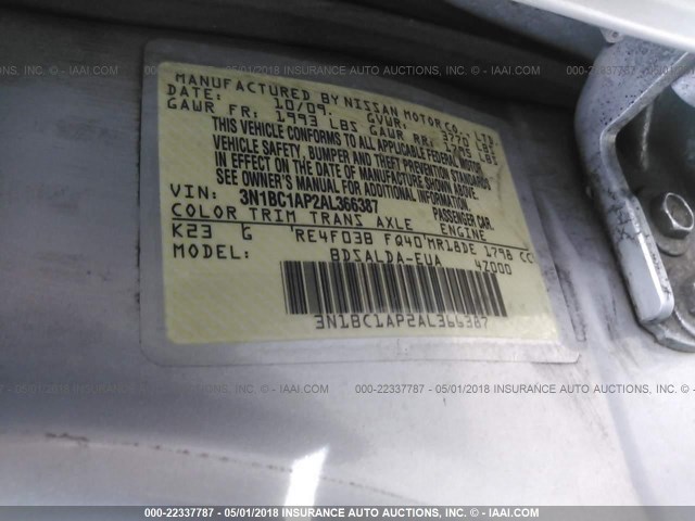 3N1BC1AP2AL366387 - 2010 NISSAN VERSA S/SL SILVER photo 9