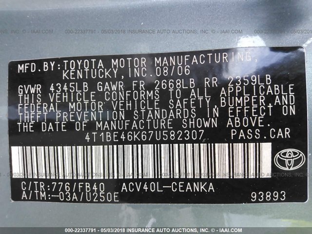 4T1BE46K67U582307 - 2007 TOYOTA CAMRY NEW GENERAT CE/LE/XLE/SE GREEN photo 9