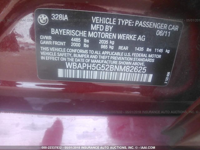 WBAPH5G52BNM82625 - 2011 BMW 328 I SULEV RED photo 9