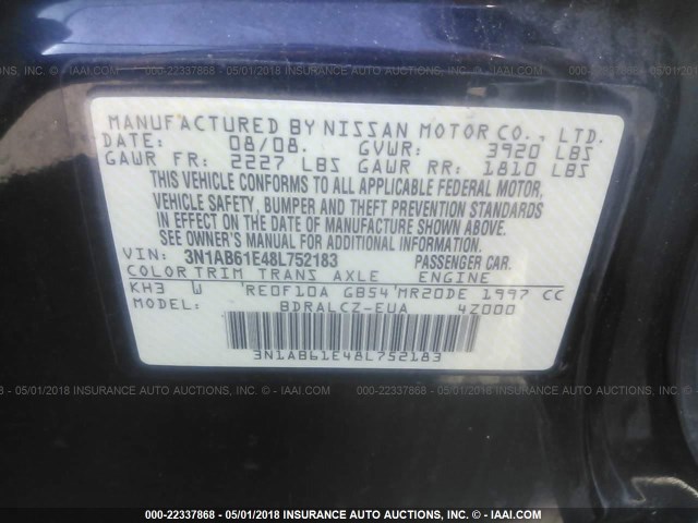 3N1AB61E48L752183 - 2008 NISSAN SENTRA 2.0/2.0S/2.0SL BLACK photo 9