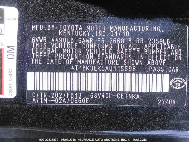 4T1BK3EK5AU115598 - 2010 TOYOTA CAMRY SE/LE/XLE BLACK photo 9