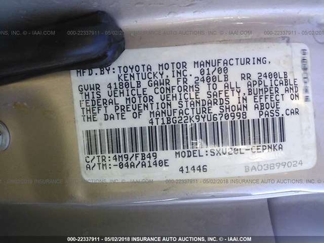 4T1BG22K9YU670998 - 2000 TOYOTA CAMRY CE/LE/XLE GOLD photo 9