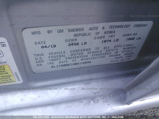 KL1TD6DE1AB113334 - 2010 CHEVROLET AVEO LS/LT 银色 照片 9