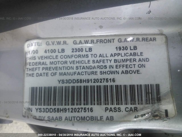 YS3DD58H912027516 - 2001 SAAB 9-3 SILVER photo 9