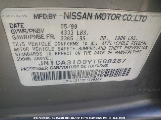 JN1CA31D0YT508267 - 2000 NISSAN MAXIMA GLE/GXE/SE GRAY photo 9