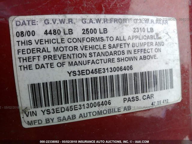 YS3ED45E313006406 - 2001 SAAB 9-5 RED photo 9