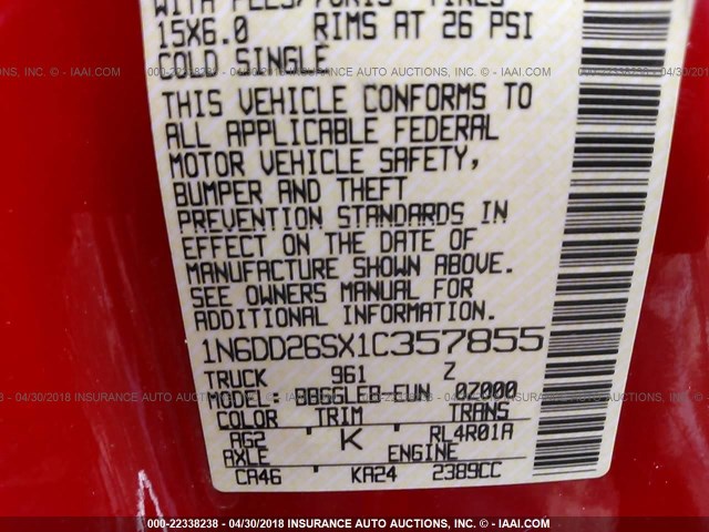 1N6DD26SX1C357855 - 2001 NISSAN FRONTIER KING CAB XE RED photo 9