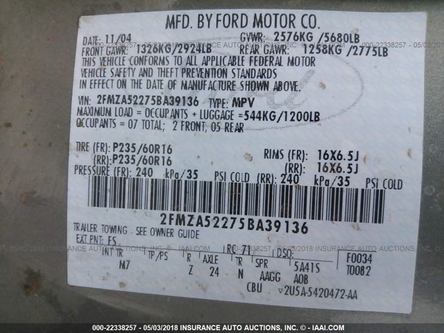 2FMZA52275BA39136 - 2005 FORD FREESTAR SEL GREEN photo 9