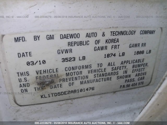 KL1TD5DE2AB101476 - 2010 CHEVROLET AVEO LS/LT 白色 照片 9