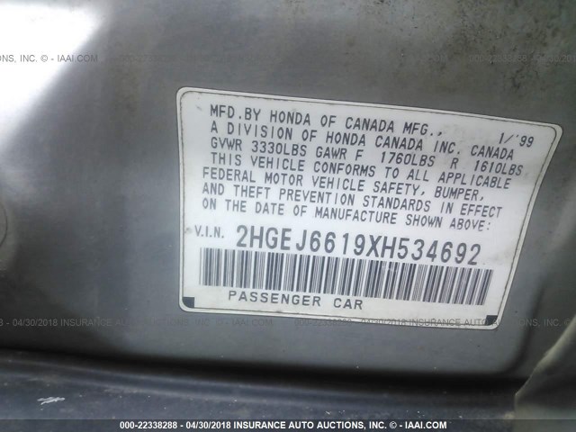 2HGEJ6619XH534692 - 1999 HONDA CIVIC SE SILVER photo 9