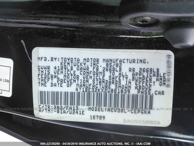 4T1BE32KX2U081039 - 2002 TOYOTA CAMRY LE/XLE/SE BLACK photo 9