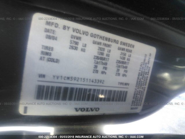 YV1CM592151143392 - 2005 VOLVO XC90 GRAY photo 9