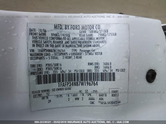 1FAFP34N87W196764 - 2007 FORD FOCUS ZX4/S/SE/SES 白色 照片 9