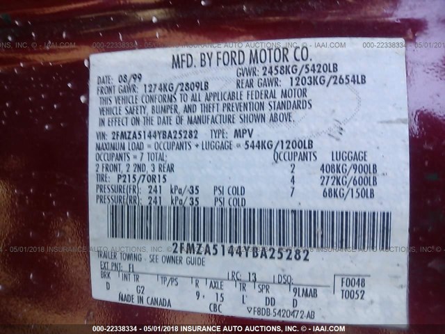 2FMZA5144YBA25282 - 2000 FORD WINDSTAR LX RED photo 9