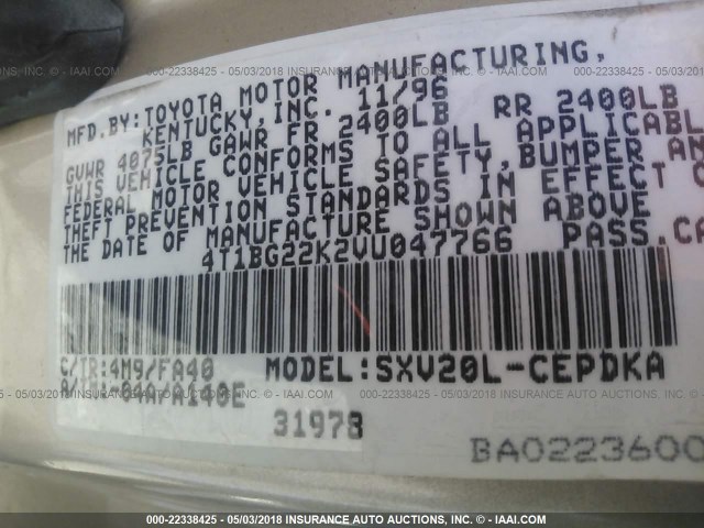 4T1BG22K2VU047766 - 1997 TOYOTA CAMRY CE/LE/XLE ოქროსფერი ფოტო 9