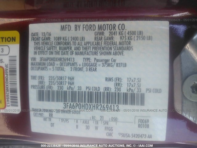 3FA6P0HDXHR269413 - 2017 FORD FUSION SE RED photo 9