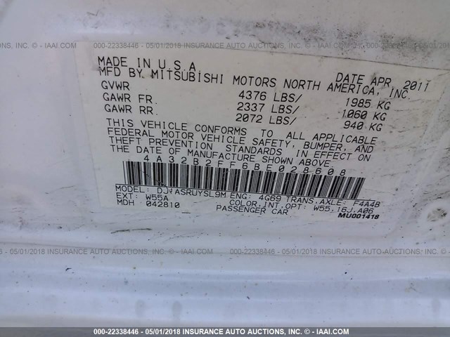 4A32B2FF6BE028608 - 2011 MITSUBISHI GALANT FE WHITE photo 9