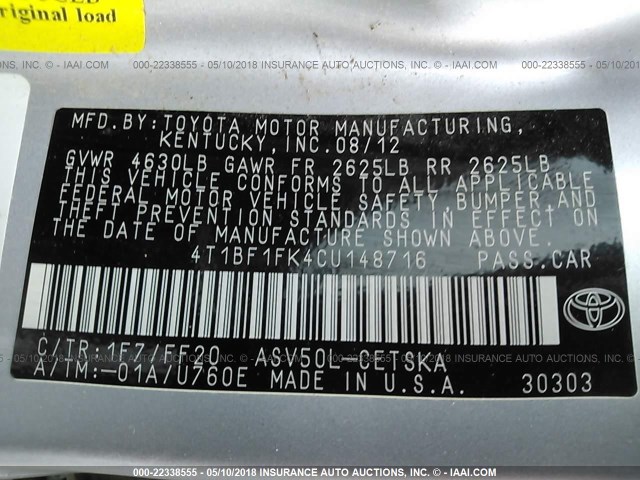 4T1BF1FK4CU148716 - 2012 TOYOTA CAMRY SE/LE/XLE SILVER photo 9
