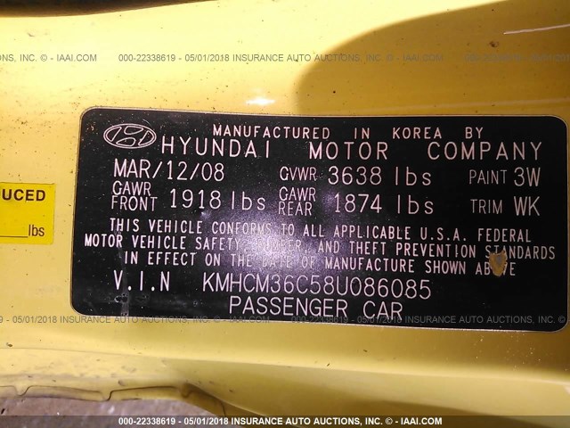 KMHCM36C58U086085 - 2008 HYUNDAI ACCENT GS YELLOW photo 9