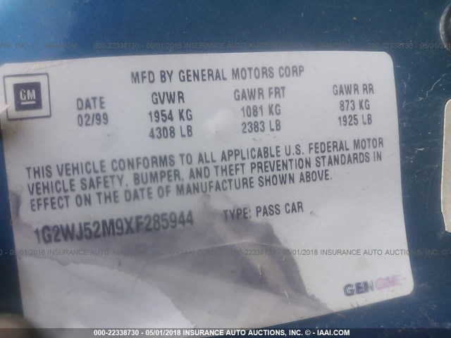 1G2WJ52M9XF285944 - 1999 PONTIAC GRAND PRIX SE BLUE photo 9