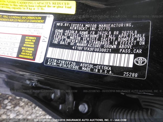 4T1BF1FK9FU030021 - 2015 TOYOTA CAMRY LE/XLE/SE/XSE BLACK photo 9