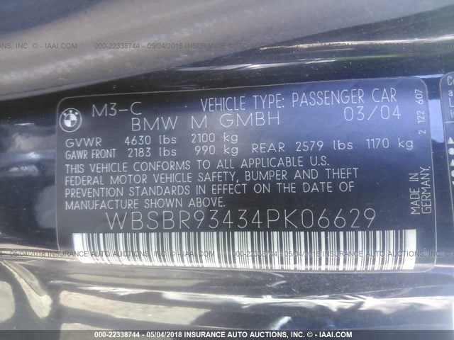 WBSBR93434PK06629 - 2004 BMW M3 BLUE photo 9