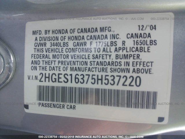 2HGES16375H537220 - 2005 HONDA CIVIC DX VP SILVER photo 9