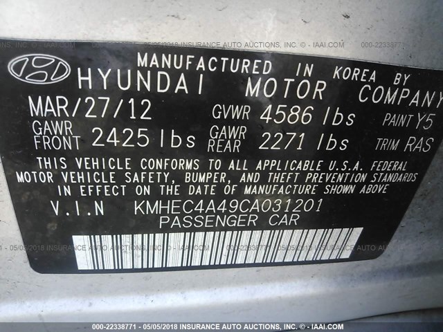 KMHEC4A49CA031201 - 2012 HYUNDAI SONATA HYBRID SILVER photo 9