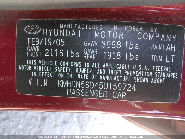 KMHDN56D45U159724 - 2005 HYUNDAI ELANTRA GLS/GT RED photo 9