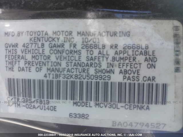 4T1BF32K82U509929 - 2002 TOYOTA CAMRY LE/XLE/SE ნაცრისფერი ფოტო 9