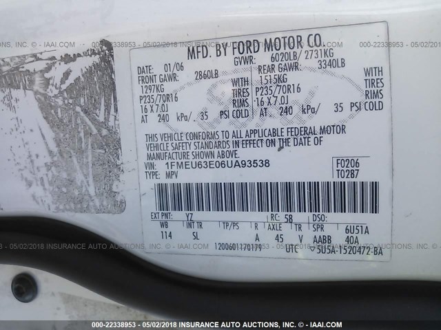 1FMEU63E06UA93538 - 2006 FORD EXPLORER XLT WHITE photo 9