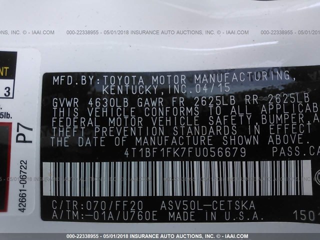 4T1BF1FK7FU056679 - 2015 TOYOTA CAMRY LE/XLE/SE/XSE WHITE photo 9