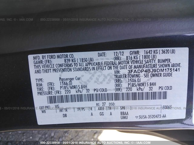 3FADP4BJ9DM175141 - 2013 FORD FIESTA SE Pewter photo 9