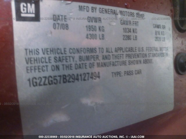 1G2ZG57B294127494 - 2009 PONTIAC G6 BURGUNDY photo 9