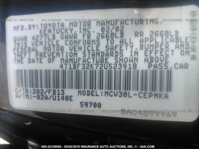 4T1BF32K72U523918 - 2002 TOYOTA CAMRY LE/XLE/SE შავი ფოტო 9